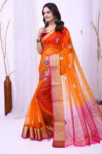 orange organza embroidered & jacquard border saree with blouse