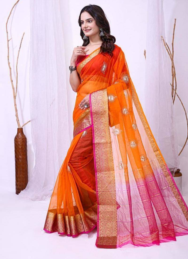 orange organza embroidered & jacquard border saree with blouse