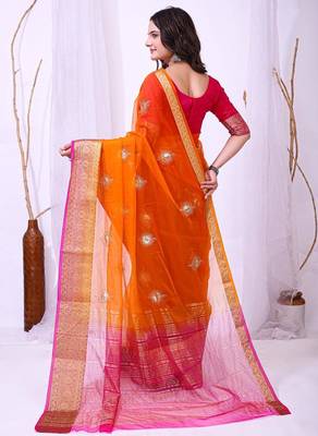 orange organza embroidered & jacquard border saree with blouse 4