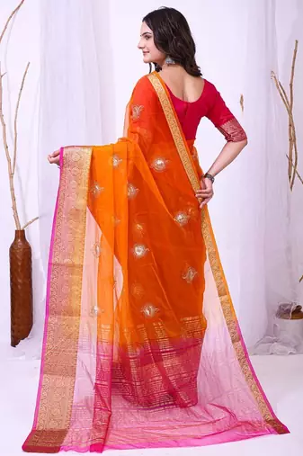 orange organza embroidered & jacquard border saree with blouse