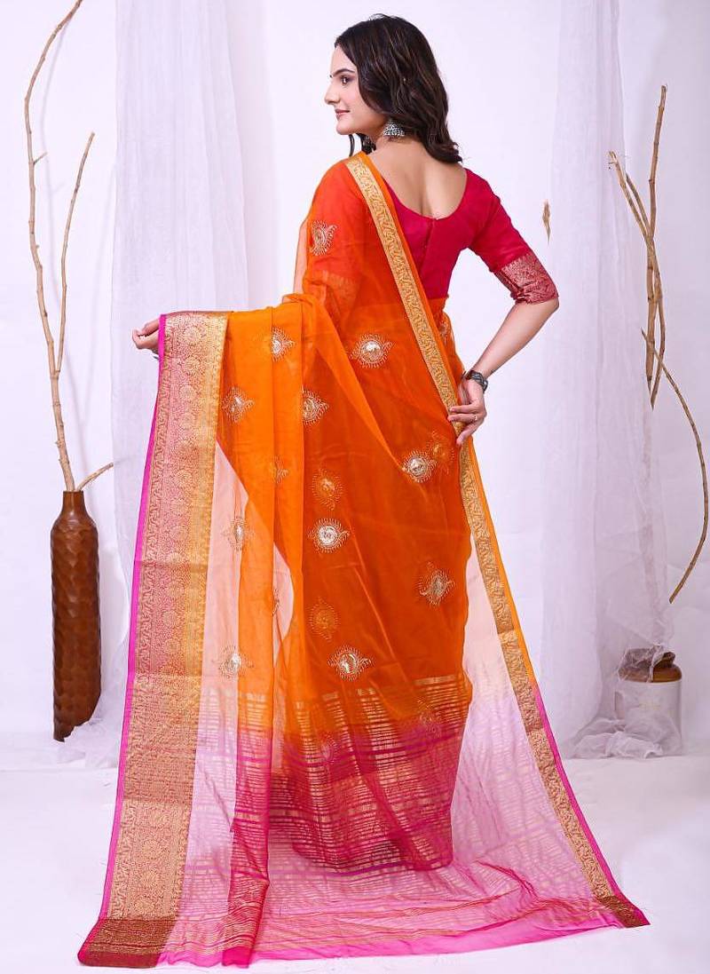 orange organza embroidered & jacquard border saree with blouse