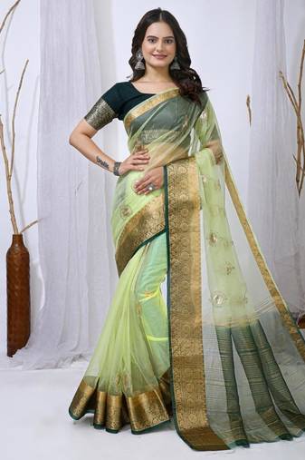 pista organza embroidered & jacquard border saree with blouse