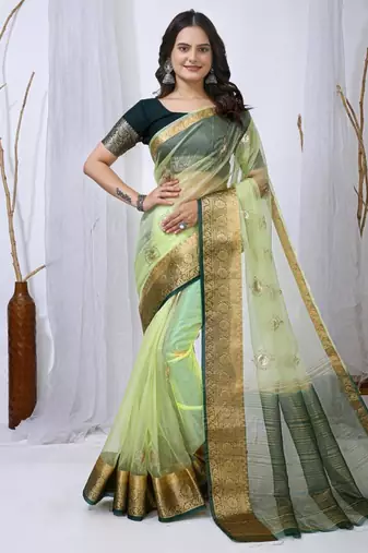 pista organza embroidered & jacquard border saree with blouse