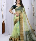 pista organza embroidered & jacquard border saree with blouse