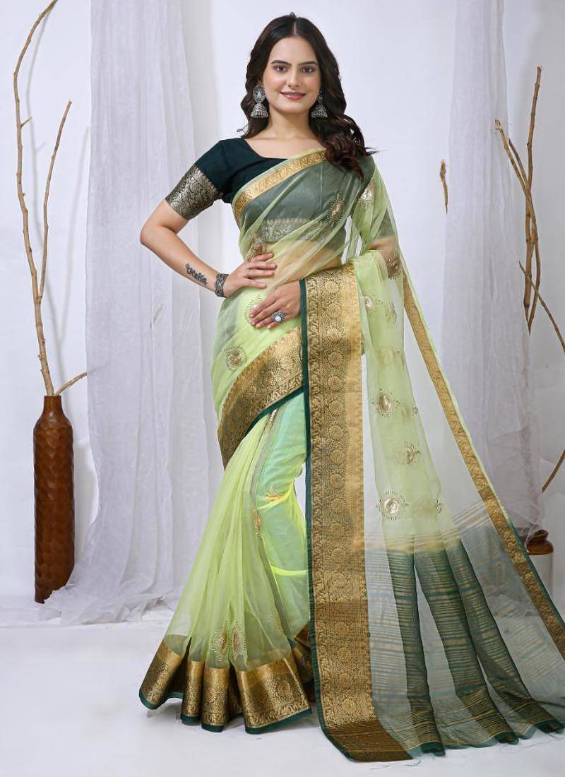 pista organza embroidered & jacquard border saree with blouse
