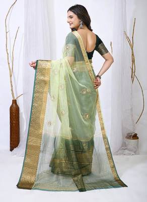 pista organza embroidered & jacquard border saree with blouse 2