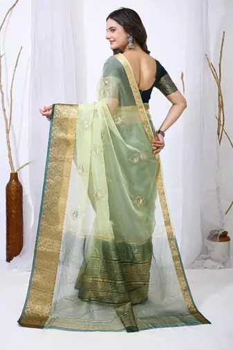 pista organza embroidered & jacquard border saree with blouse