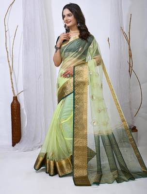 pista organza embroidered & jacquard border saree with blouse 3