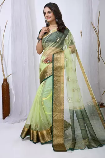pista organza embroidered & jacquard border saree with blouse