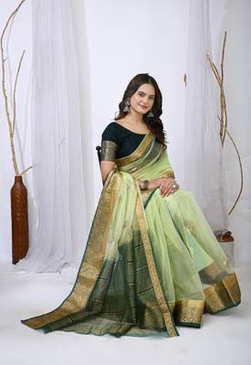 pista organza embroidered & jacquard border saree with blouse 4