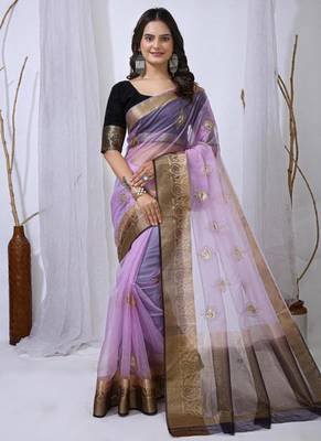 levender organza embroidered & jacquard border saree with blouse 1