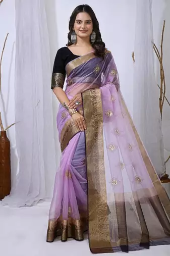 levender organza embroidered & jacquard border saree with blouse