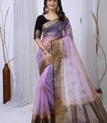 levender organza embroidered & jacquard border saree with blouse