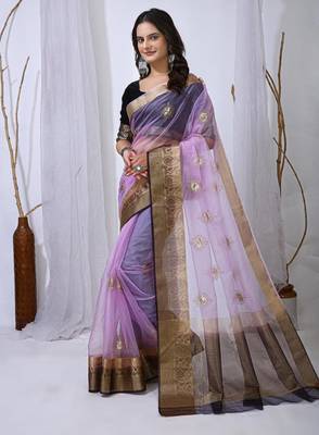levender organza embroidered & jacquard border saree with blouse 2