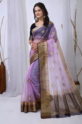 levender organza embroidered & jacquard border saree with blouse