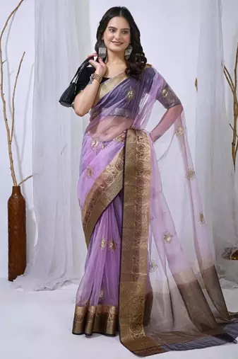levender organza embroidered & jacquard border saree with blouse