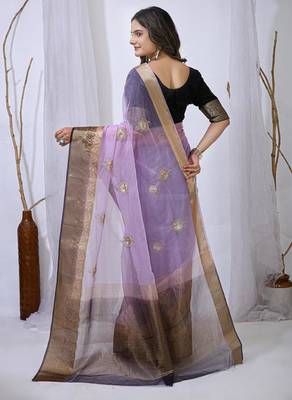 levender organza embroidered & jacquard border saree with blouse 4