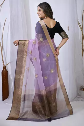 levender organza embroidered & jacquard border saree with blouse