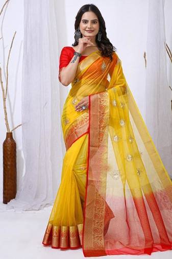 yellow organza embroidered & jacquard border saree with blouse