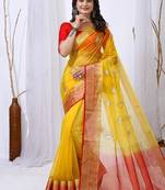 yellow organza embroidered & jacquard border saree with blouse
