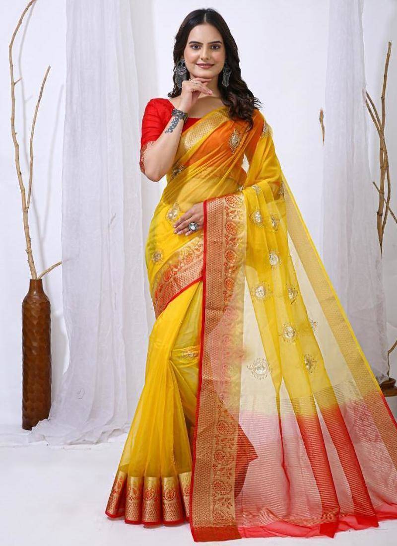 yellow organza embroidered & jacquard border saree with blouse