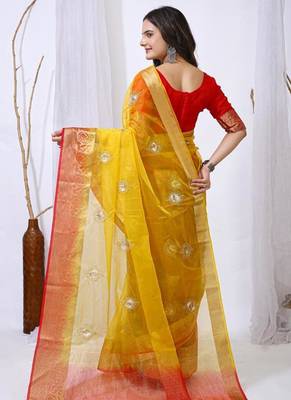 yellow organza embroidered & jacquard border saree with blouse 2