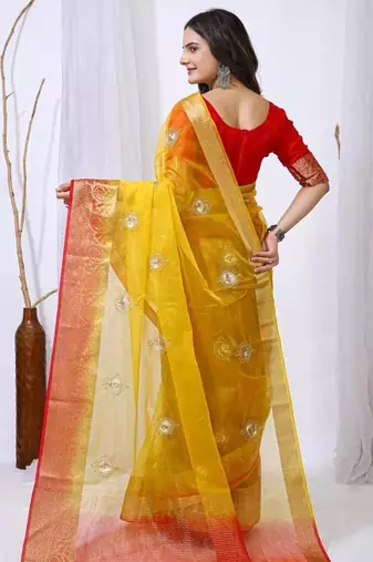 yellow organza embroidered & jacquard border saree with blouse