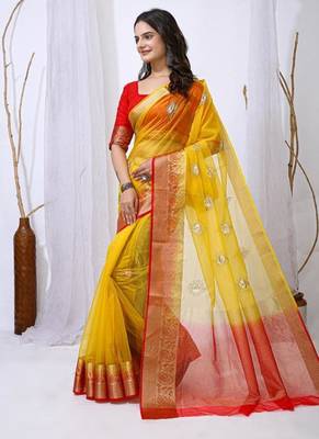 yellow organza embroidered & jacquard border saree with blouse 3