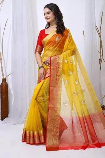 yellow organza embroidered & jacquard border saree with blouse