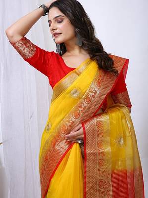 yellow organza embroidered & jacquard border saree with blouse 4