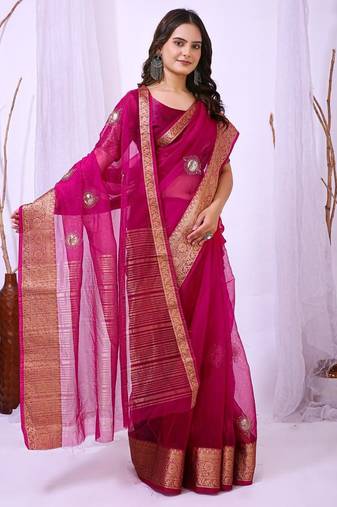 rani pink organza embroidered & jacquard border saree with blouse