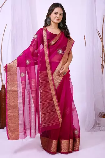rani pink organza embroidered & jacquard border saree with blouse