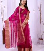 rani pink organza embroidered & jacquard border saree with blouse
