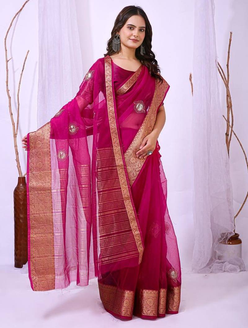 rani pink organza embroidered & jacquard border saree with blouse