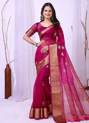 rani pink organza embroidered & jacquard border saree with blouse 2