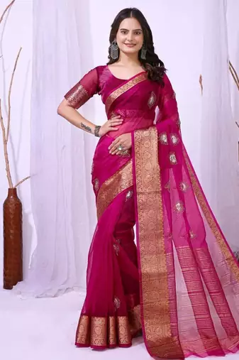 rani pink organza embroidered & jacquard border saree with blouse