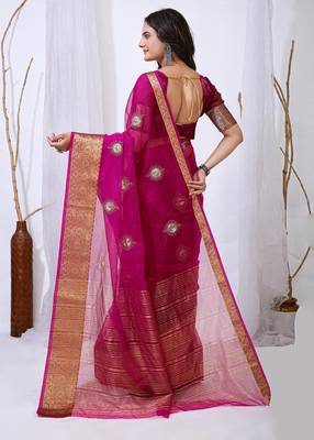 rani pink organza embroidered & jacquard border saree with blouse 3