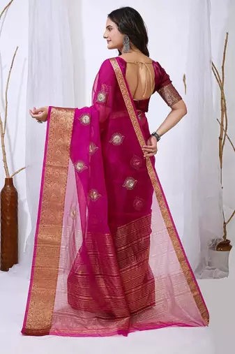 rani pink organza embroidered & jacquard border saree with blouse
