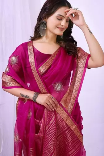 rani pink organza embroidered & jacquard border saree with blouse