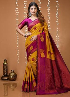 mustard silk blend zari weaving saree with blouse 1