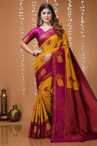 mustard silk blend zari weaving saree with blouse