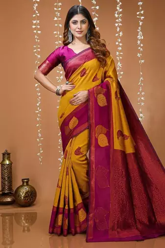 mustard silk blend zari weaving saree with blouse