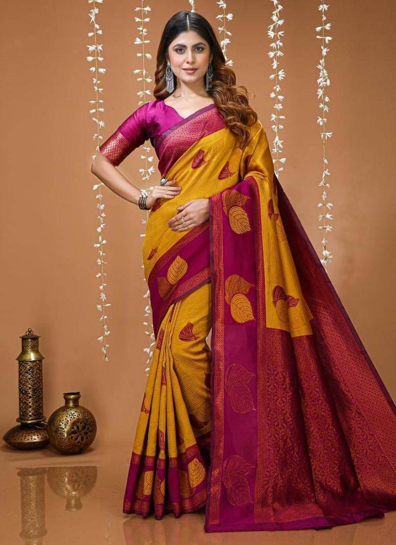 mustard silk blend zari weaving saree with blouse