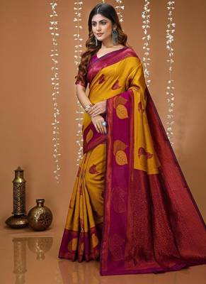 mustard silk blend zari weaving saree with blouse 2