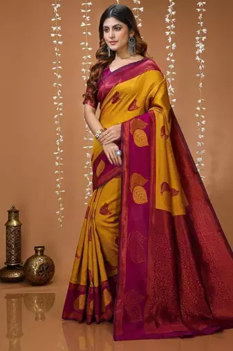 mustard silk blend zari weaving saree with blouse