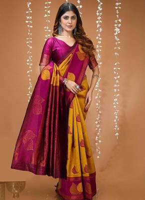 mustard silk blend zari weaving saree with blouse 4