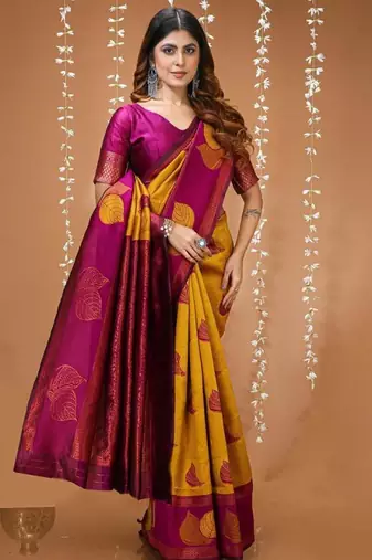 mustard silk blend zari weaving saree with blouse
