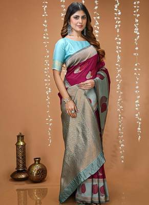 magenta silk blend zari weaving saree with blouse 1