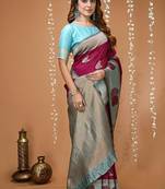 magenta silk blend zari weaving saree with blouse