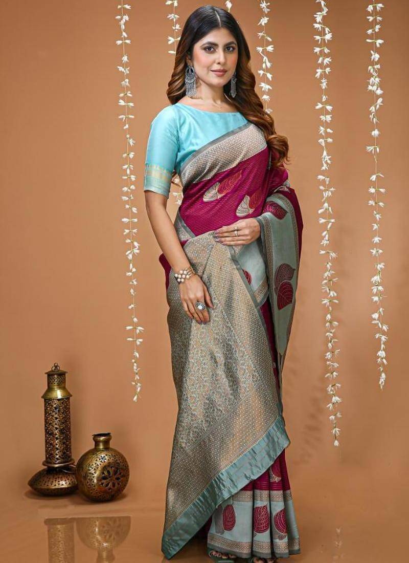 magenta silk blend zari weaving saree with blouse